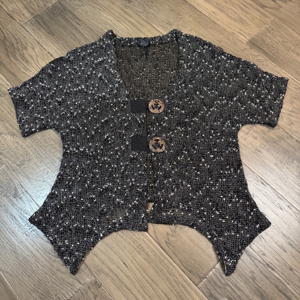 Katie Todd Womens Cardigan Black White Knit‎ Button Front Short Sleeve Large